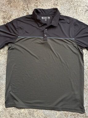 Pebble Beach Men’s Black Polo with Gray Pinstripes and Blue Accents